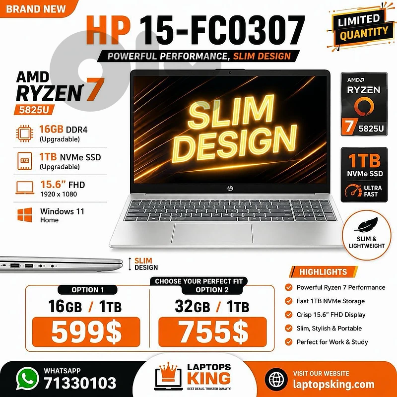 HP 15-fc0307dx Laptop Ryzen 7 5825U 15.6-inch FHD 1TB SSD