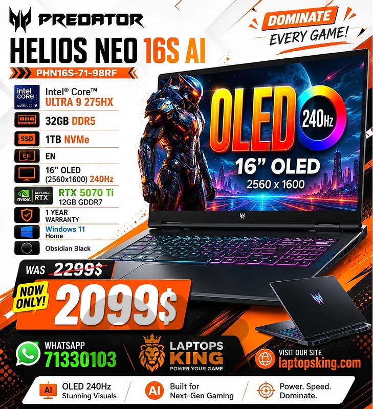 Acer Predator Helios Neo 16S Ultra 9 275HX 16” OLED RTX 5070 Ti 240Hz
