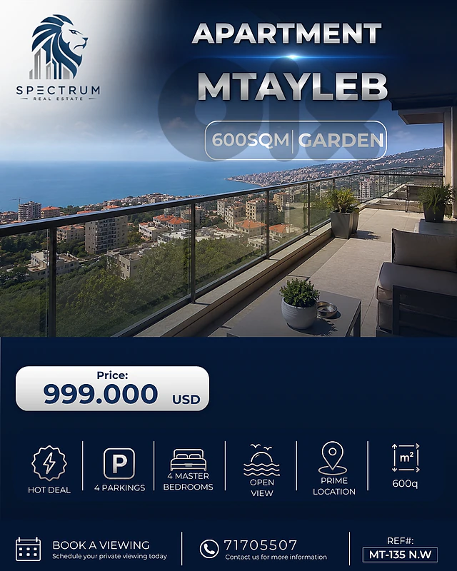 600Sq APARTMENT FOR SALE IN MTAYLEB PRIME 4 MASTER BEDS, (MT-135)