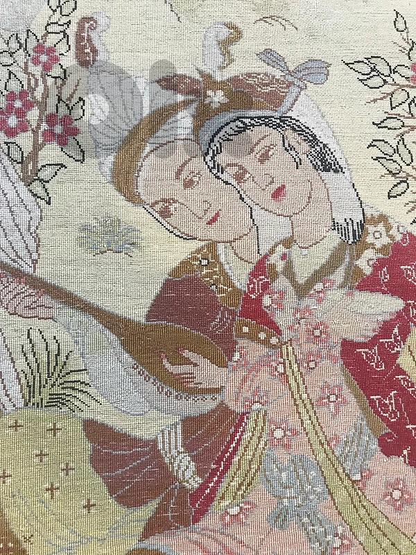 Handmade Persian Qom Silk Rug – Romantic Court Scene –