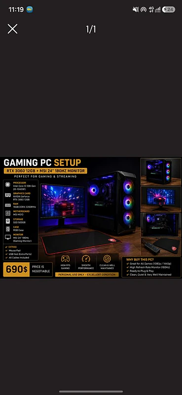 🔥Gaming PC RTX 3060 12GB +MSI 24" 180Hz Monitor|i5 10th Gen| 16GB RAM