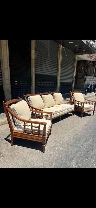 French salon antiques صالون 3 قطع فرنسي خشب جوز تنجيد جديد قماش وردة