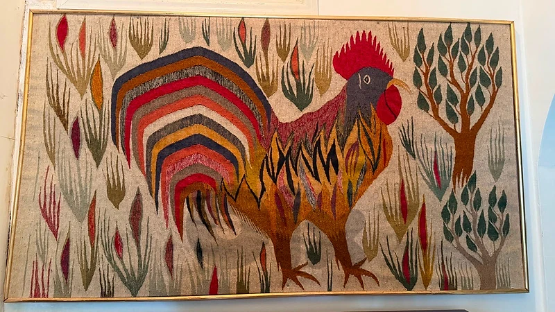 Large Vintage Woven Rooster Wall Tapestry with Gold Frame