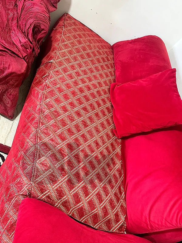 Comfortable Red Velvet Sofa with Pillows – Great Condition