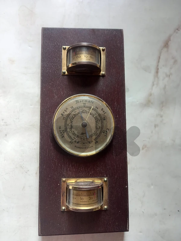 vintage hygrometer barometer & thermometer on wooden frame