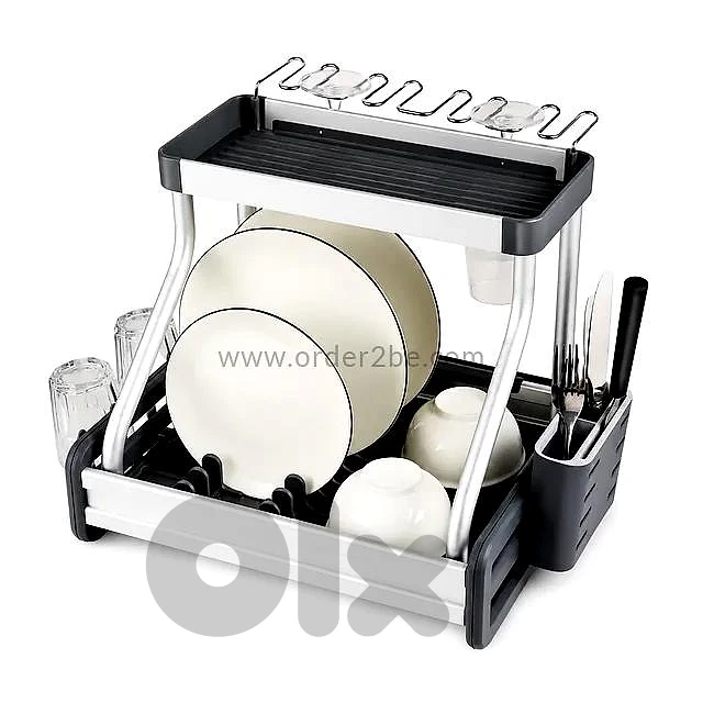 2-Tier Aluminum Dish Rack with Wine Glass Holder