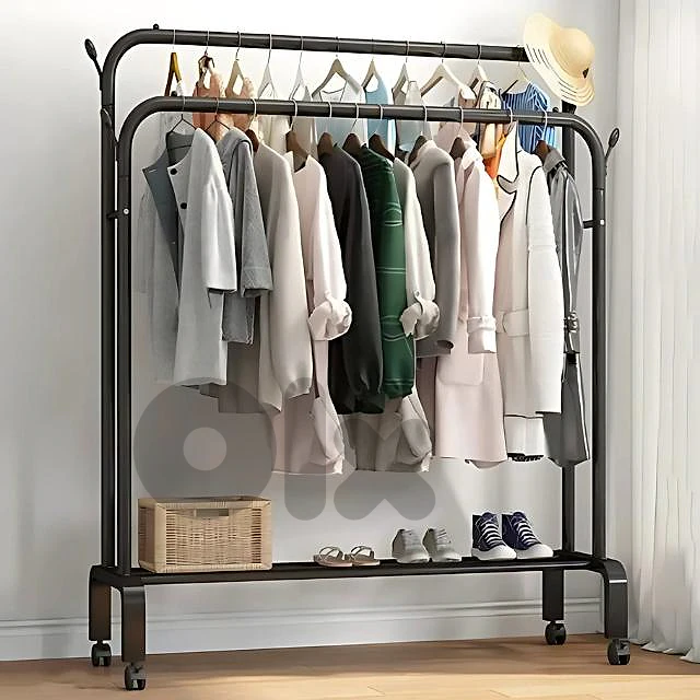 Double Pole Coat Rack – Wheels, 2 Shelves & Heavy-Duty Steel Frame