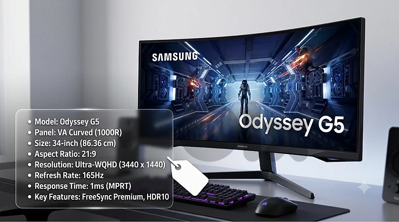 Samsung Odyssey G5 34" Ultra-Wide 165Hz Curved Gaming Monitor