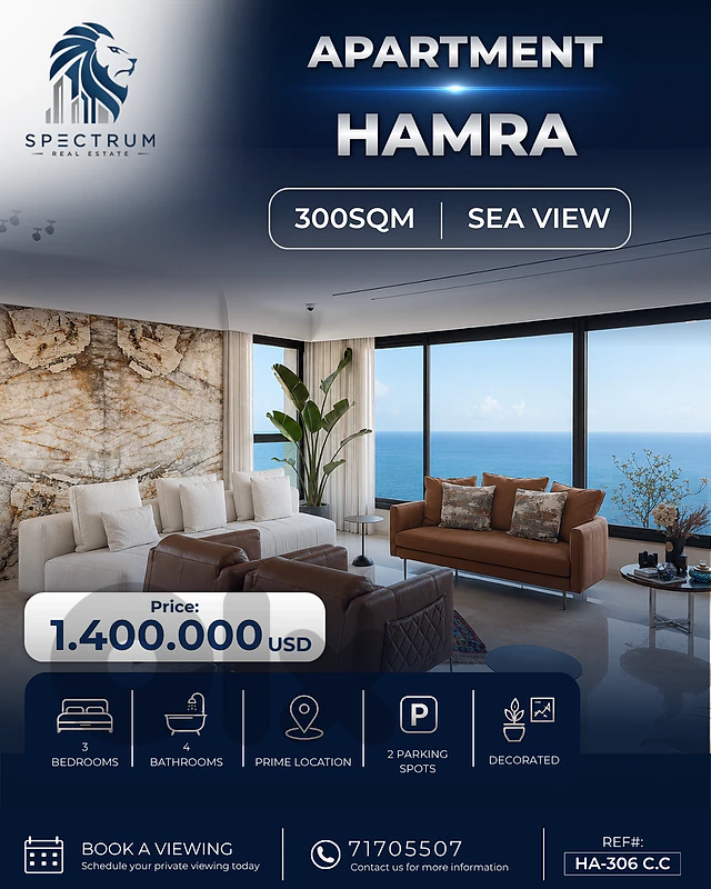 SPACIOUS APT IN HAMRA PRIME , OPEN SEA VIEW (300SQ) 4 BEDS , (HA-306)