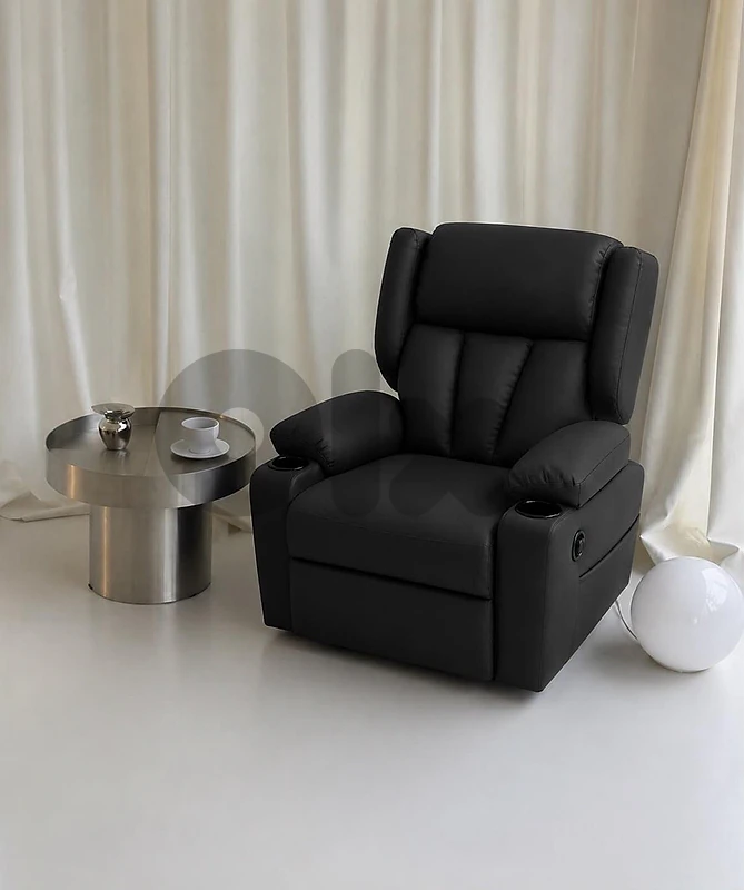Black leather Recliner chair with cup holders and side pockets