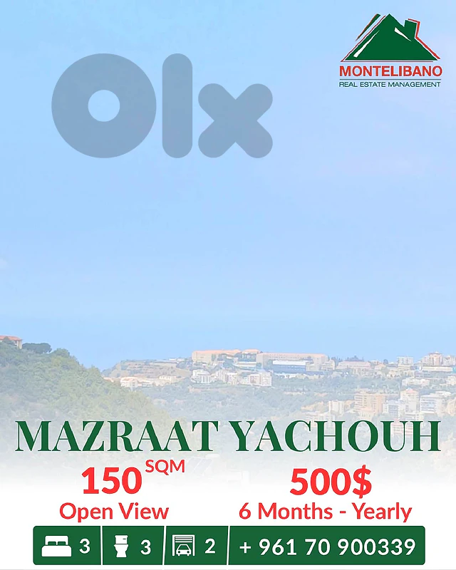 150 sqm Apartment For Rent in Mazraat Yachouh with Open View