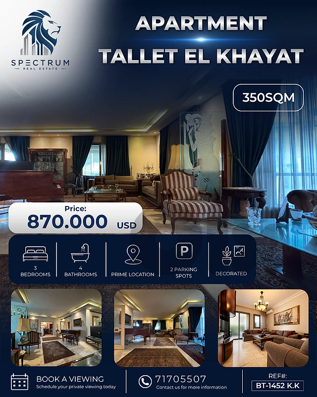 HOT DEAL ! APT IN TALLET EL KHAYAT | 350SQ | 3 BEDS | BT-1452 K.K