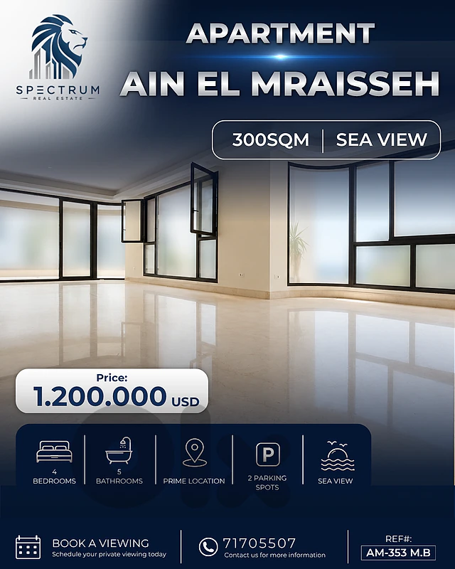 SPACIOUS APT IN AIN EL MRAISSEH | SEA VIEW | 300SQ | AM-353 M.B