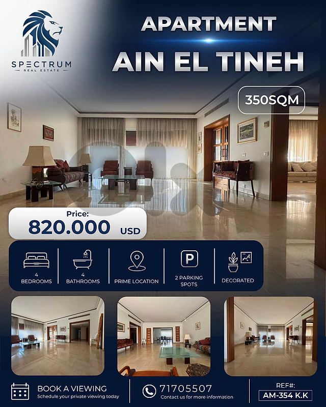 HOT DEAL ! APT IN AIN EL TINEH PRIME | 350SQ | 4 BEDS | AM-354 K.K