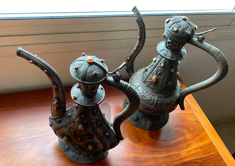 Rare 3pc Antique Jeweled Islamic Brass Set