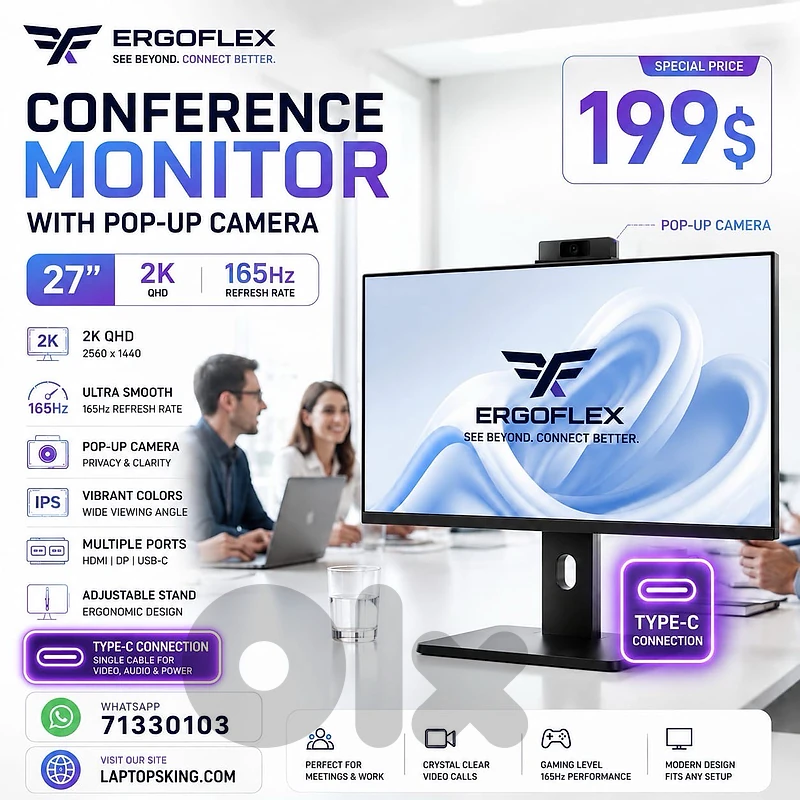ERGOFLEX QHD 2K 165Hz Conference Monitor with Pop-Up Camera Type-C 27"