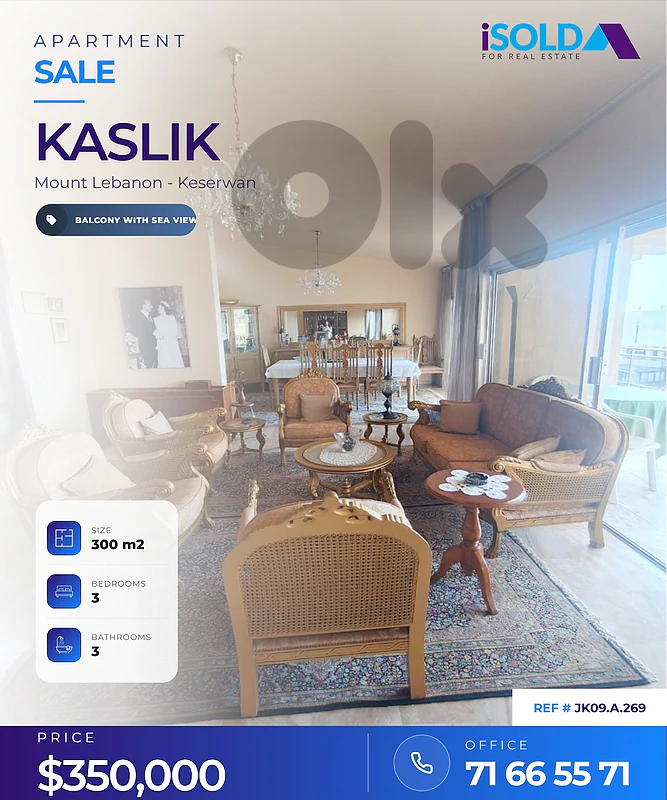A 300 m2 apartment having an open sea view for sale in Kaslik