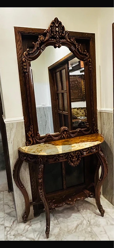 wood console + mirror + marble