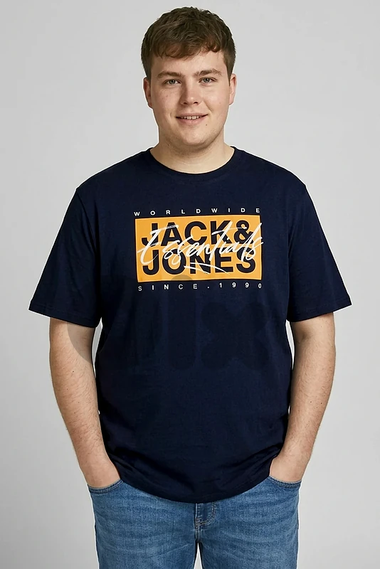 Jack & Jones Men Crew Neck Short Sleeve Brand Logo T-Shirt, Navy