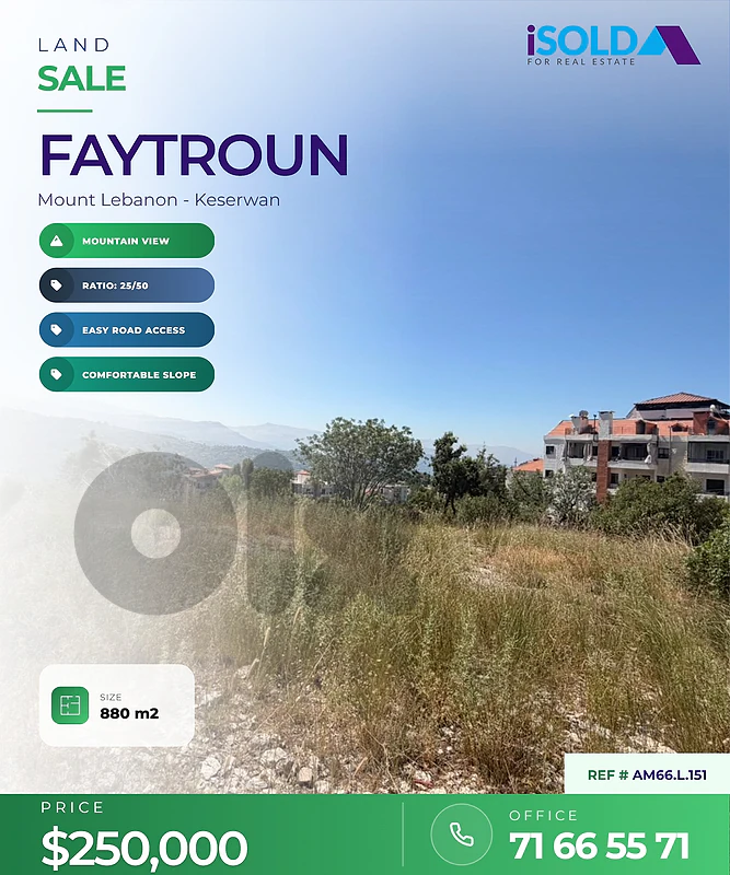 A 880 m2 land having an open mountain view for sale in Faytroun