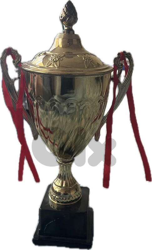 Large Gold Trophy Cup with Red Ribbons