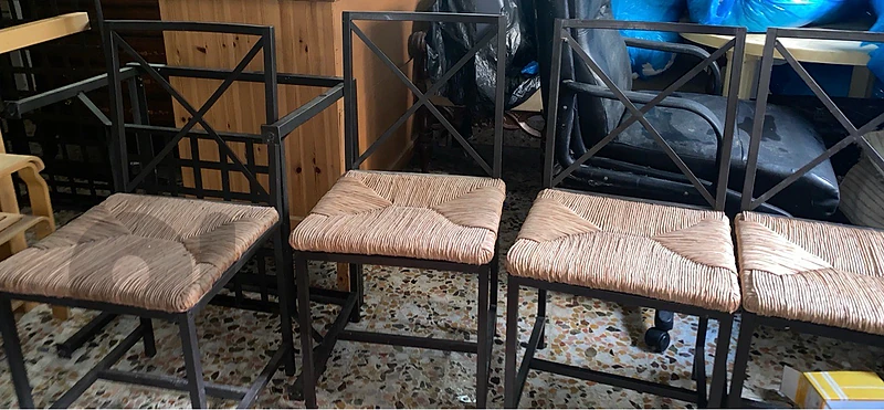 Set of 4 Vintage IKEA "Granas" Metal & Woven Straw Dining Chairs