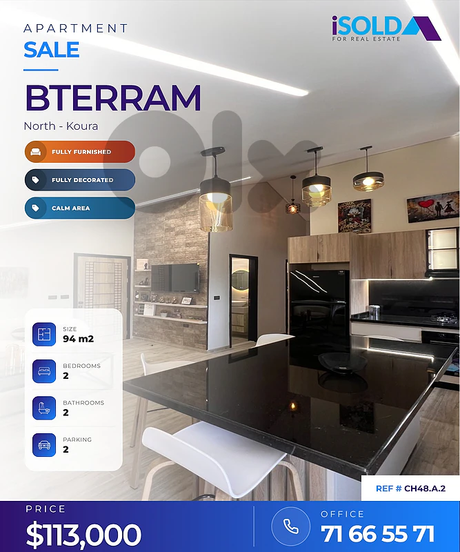 A decorated furnished 94 m2 apartment for sale in Btorram/ Koura