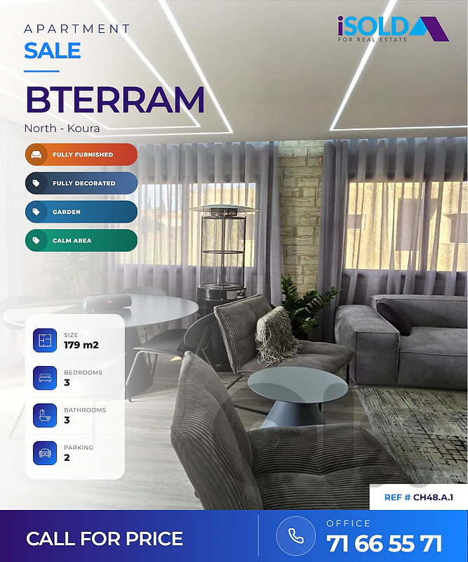 A decorated furnished 179 m2 gf apartment for sale in Bterram/Koura