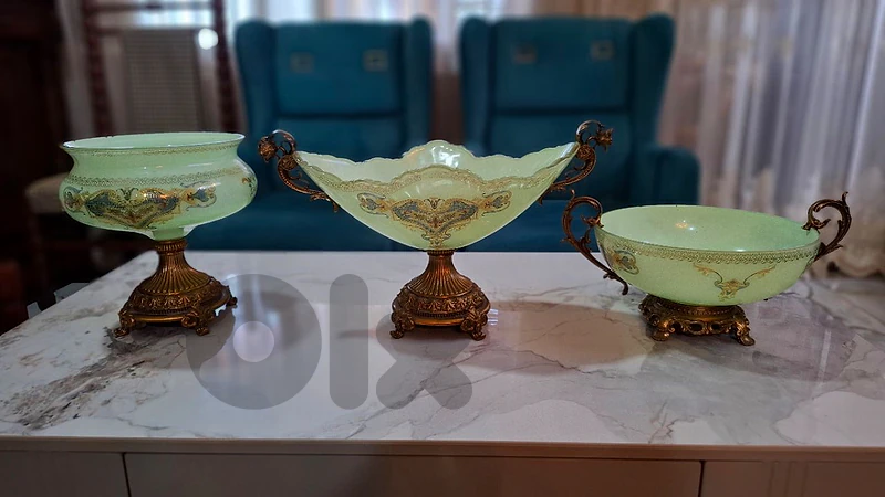 Antique Opaline Glass & Bronze Three-Piece Garniture Set