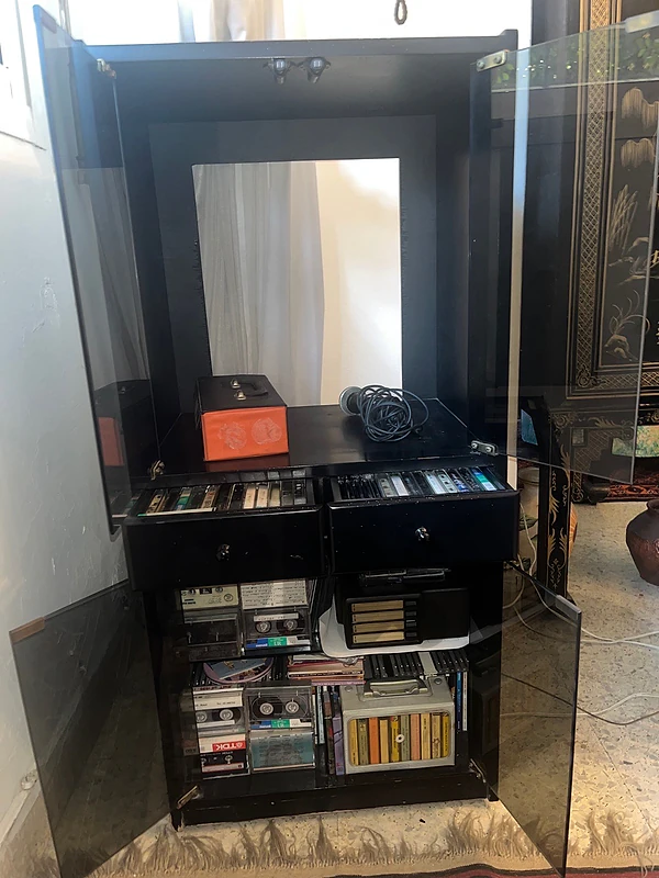 Vintage Black Media Cabinet with Smoked Glass Doors & Drawers