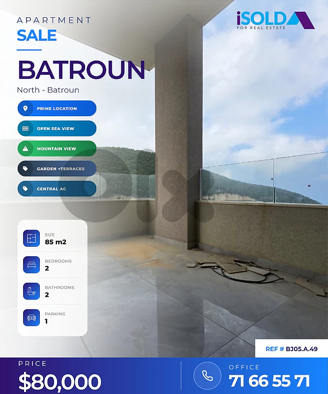 85 m2 apartment-open mountain/sea view 4sale in Batroun