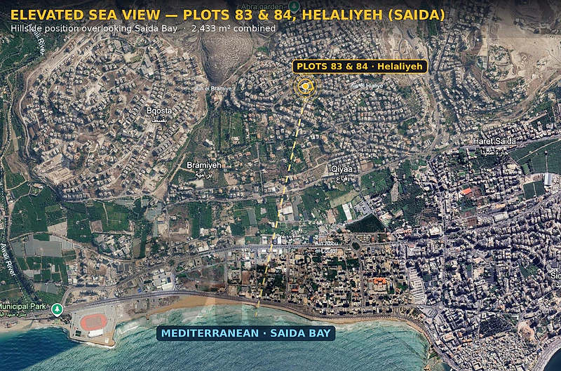 Saida – Helaliyeh | 2,433 m² Land | Double Road | 5,553 m² Buildable Saida – Helaliyeh | 2,433 m² Land | Double Road | 5,553 m² Buildable