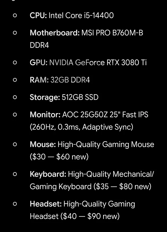 High End FULL SETUP PC RTX 3080 Ti + i5-14400 + 260Hz Fast IPS Monitor