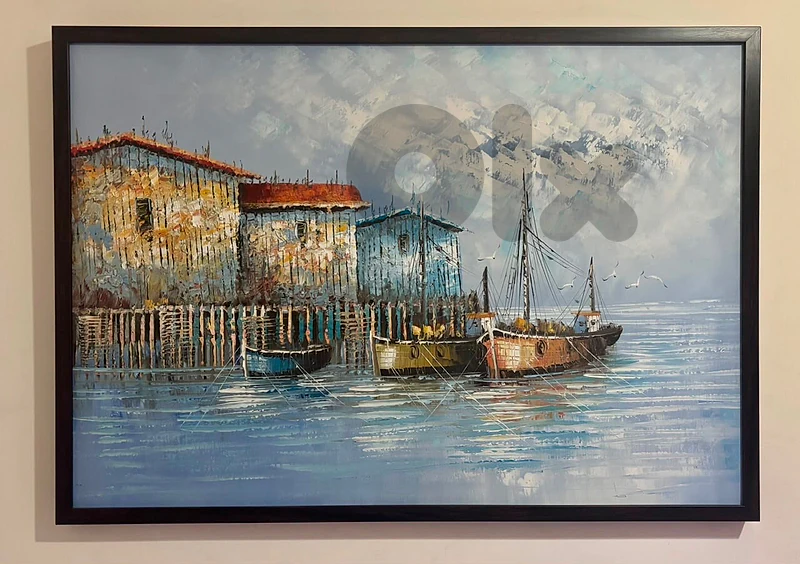 Tableau Seaside Village / Fishing Boats – Framed Oil Painting