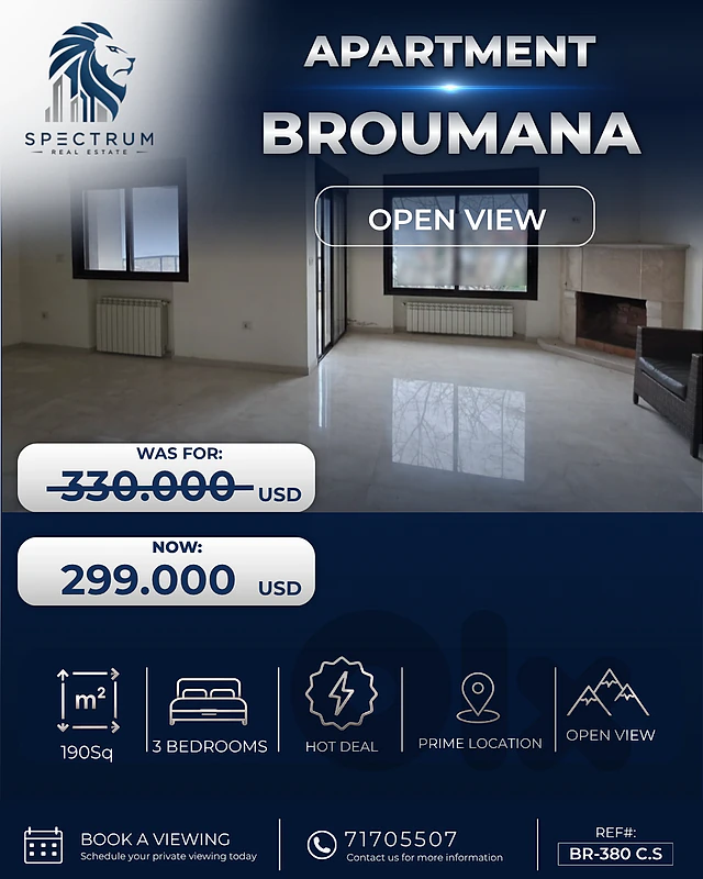 OPEN VIEW APARTMENT FOR SALE IN BROUMANA PRIME 3 BEDS, (BR-380)