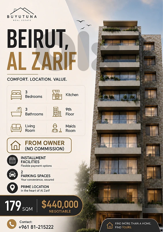 Apartment for Sale in Beirut – Al Zarif | 179 SQM | No Commission