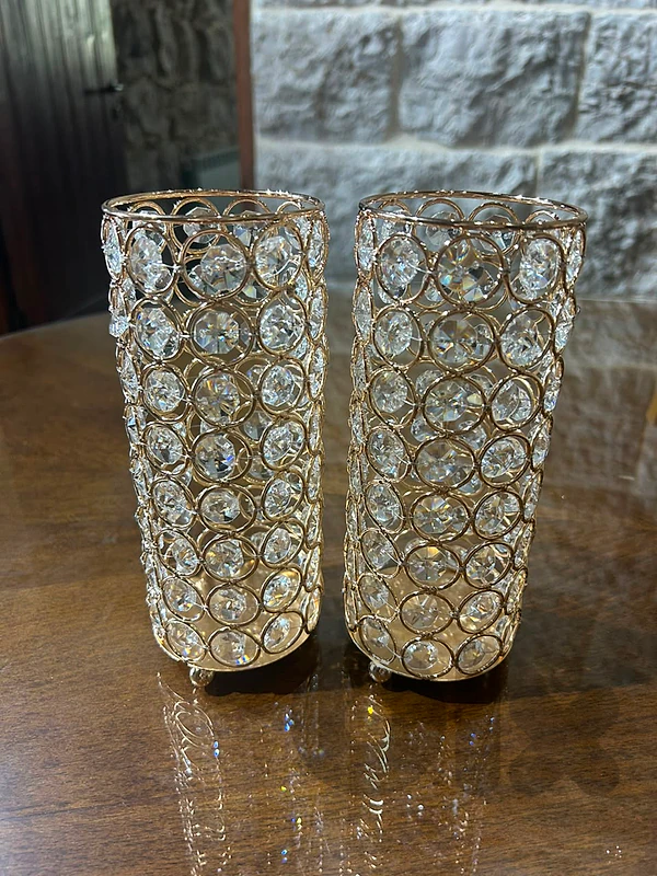 Set of 2 Gold Crystal Candle Holders / Decorative Vases