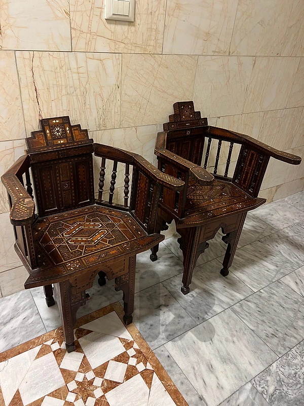 Antique Parquetry Inlaid Armchairs, 19th Century, Set of 2 فوتاي عدد ٢