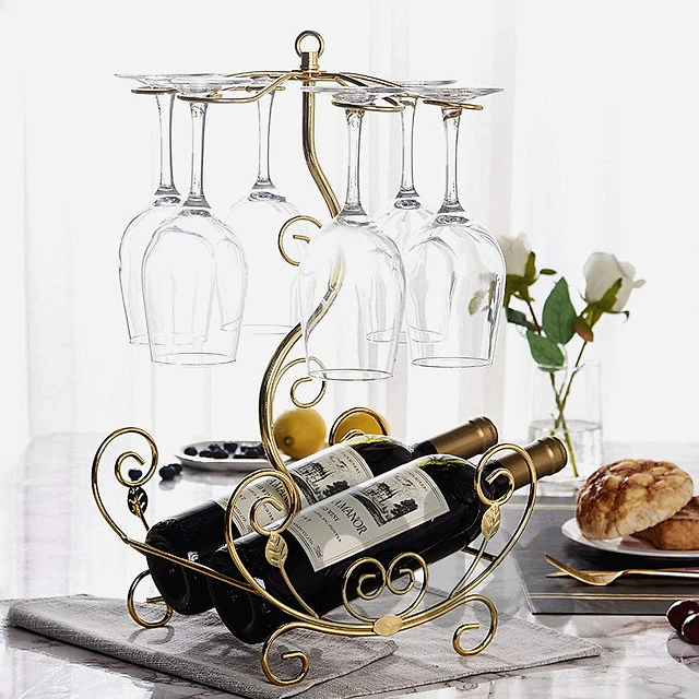 Golden Vine Wine Rack, 2 Bottles & 6 Glasses Display Holder