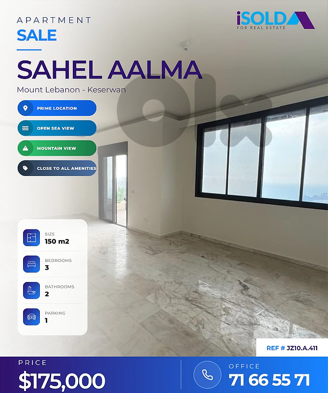 Apartment having an open mountain/sea view for sale in Sahel aalma
