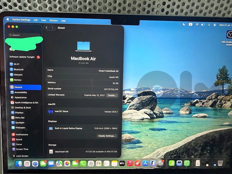 MAC AIR M5. 13 INCH 512GB 16 RAM SKY BLUE
