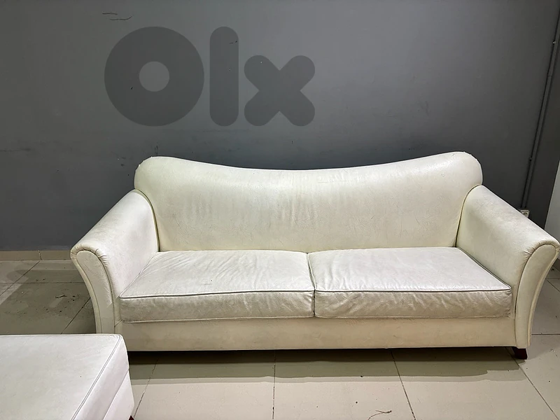 White Leather Sofa & Ottoman Set
