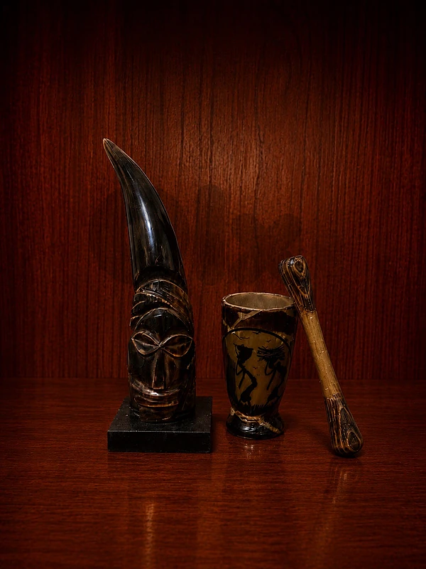 Signed two African-style pieces made from natural buffalo horn.