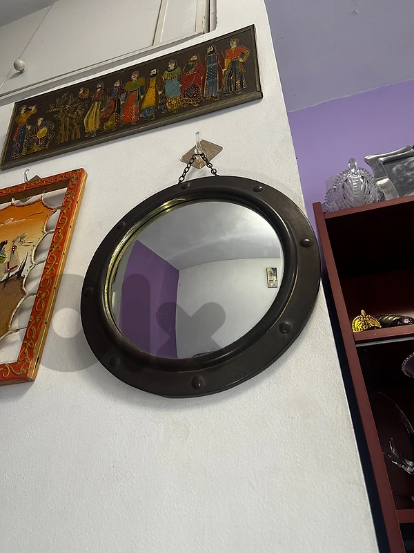Vintage French Porthole-Style Witchs Mirror with Curved Glass, 1950s.