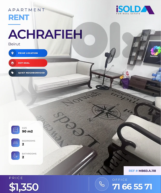 Cozy 2-Bedroom 90 m2 Apartment for Rent – Prime Location In Achrafieh