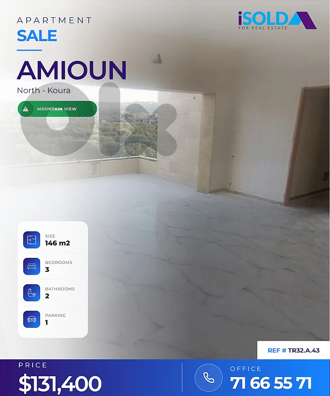 A 146 m2 apart. having an open mountain view for sale in Amioun, Koura