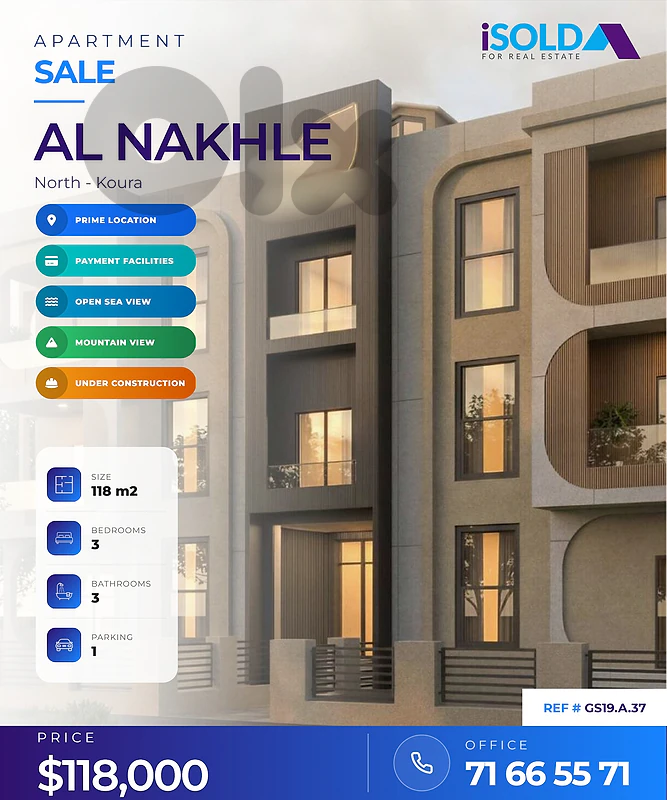 A 118 m2 apart. having an open mountain/sea view for sale in Al Nakhle