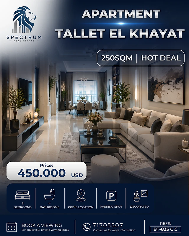 HOT DEAL ! APT IN TALLET EL KHAYAT PRIME | 250SQ | 3 BEDS | BT-835 C.C