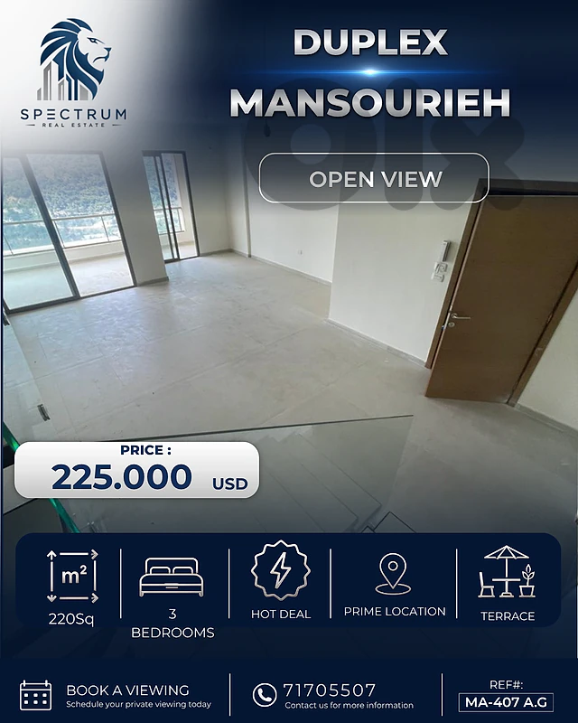DUPLEX FOR SALE IN MANSOURIEH PRIME,(220SQ) WITH TERRACE,(MA-407)
