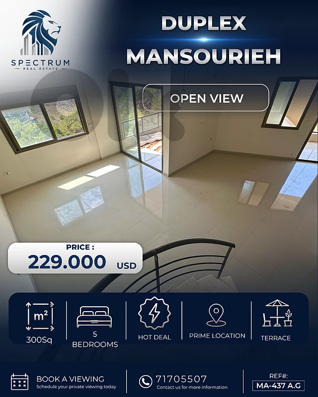 AMAZING APARTMENT FOR SALE IN MANSOURIEH PRIME  5 BEDROOMS, (MA-437)